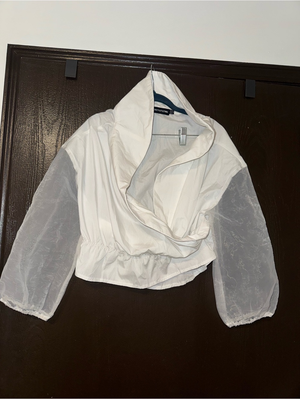 PrettyLittleThing White Cropped Puffer with Sheer Sleeves